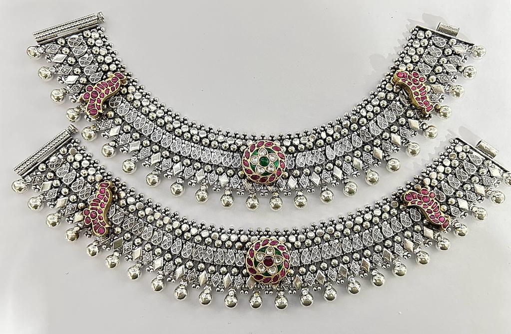 jadau stone silver payal